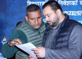 Sanjay Jaiswal press conference Bihar politics, Tejashwi Yadav Bahari vs Bihari debate, Bhikhubhai Dalsania voter list case, Bihar election controversy photo