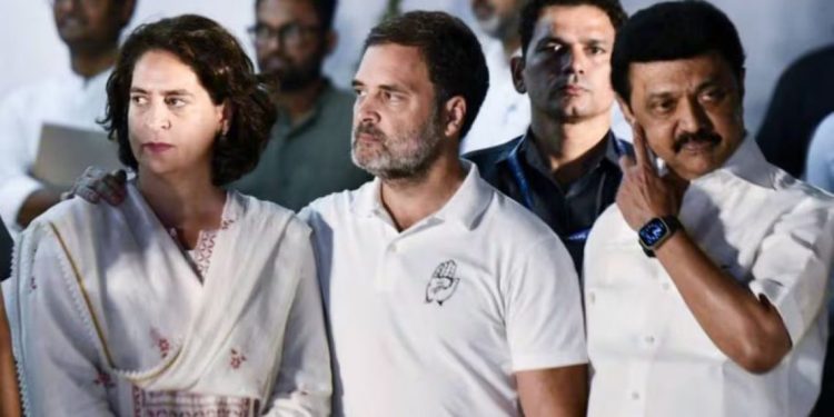 Rahul Gandhi Voter Adhikar Yatra Bihar rally image MK Stalin with Rahul Gandhi in Darbhanga rally DMK leader Kanimozhi with Stalin in Bihar Opposition unity in Bihar voter rights movement Bihar politics voter list controversy rally photo