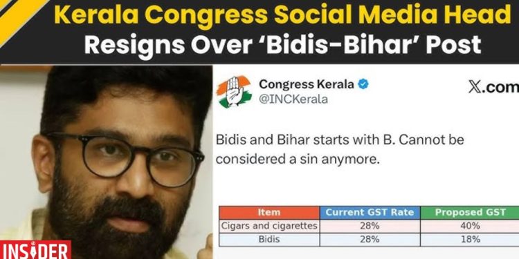 Congress Bihar tweet controversy, Kerala Congress social media head resigns, Tejashwi Yadav on Congress tweet, BJP JDU attack on Congress Bihar, Bihar election 2025 controversy