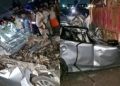 Patna Gaya Fourlane accident site Bihar Grand Vitara car crushed in Bihar accident PMCH Patna accident victims bodies Police rescue operation Patna Gaya road crash Businessmen killed in Bihar road accident