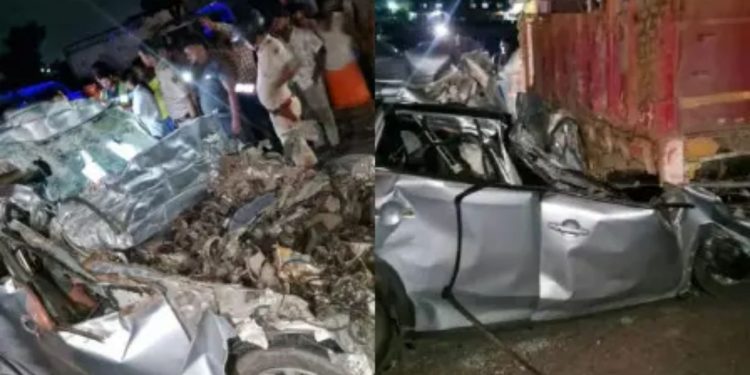 Patna Gaya Fourlane accident site Bihar Grand Vitara car crushed in Bihar accident PMCH Patna accident victims bodies Police rescue operation Patna Gaya road crash Businessmen killed in Bihar road accident