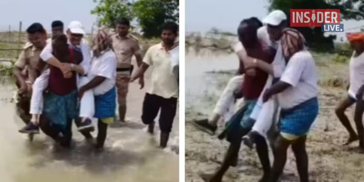 Tariq Anwar sitting on youth’s shoulder in flood area Congress MP Tariq Anwar Bihar flood visit कटिहार बाढ़ प्रभावित क्षेत्र का दौरा Tariq Anwar viral video from Katihar Bihar Ganga erosion site inspection
