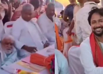 Ashwini Choubey viral video Bihar Sherghati NDA conference Bihar politics Ashwini Choubey गिरने का वीडियो BJP vs RJD Bihar news Lalu Yadav attack by Ashwini Choubey