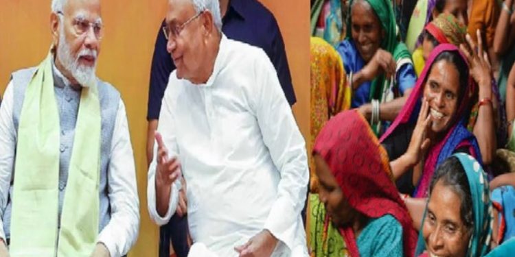 PM Modi launches Mahila Rozgar Yojana via video conference 75 lakh women receive ₹10,000 under Bihar Women Scheme Women empowerment scheme Bihar 2025 Chief Minister Nitish Kumar with PM Modi during scheme launch Self-help group women getting DBT benefit in Bihar