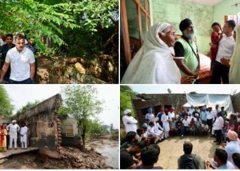 Rahul Gandhi Punjab Flood Visit, राहुल गांधी गुरदासपुर दौरा, बाढ़ प्रभावित पंजाब गांव, कांग्रेस नेताओं के साथ राहुल गांधी, राहुल गांधी ट्रैक्टर पर, गुरुद्वारा समाध बाबा बुड्ढा साहिब में राहुल गांधी