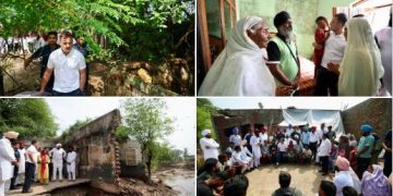 Rahul Gandhi Punjab Flood Visit, राहुल गांधी गुरदासपुर दौरा, बाढ़ प्रभावित पंजाब गांव, कांग्रेस नेताओं के साथ राहुल गांधी, राहुल गांधी ट्रैक्टर पर, गुरुद्वारा समाध बाबा बुड्ढा साहिब में राहुल गांधी