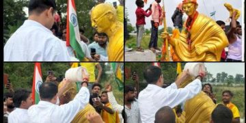 Gandhi pratima Muzaffarpur controversy, Tej Pratap Yadav cleans statue, BJP RSS dispute Bihar, गांधी प्रतिमा विवाद मीनापुर