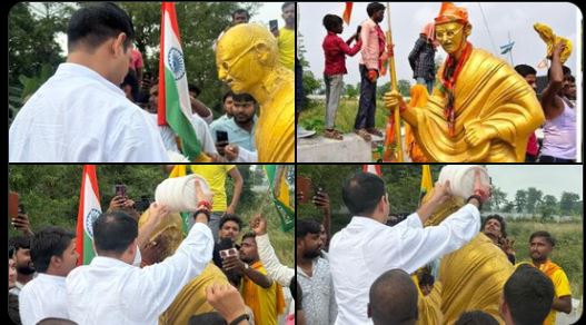 Gandhi pratima Muzaffarpur controversy, Tej Pratap Yadav cleans statue, BJP RSS dispute Bihar, गांधी प्रतिमा विवाद मीनापुर
