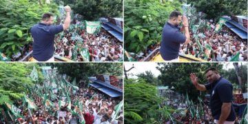Tejashwi Yadav addressing crowd from bus roof in Saharsa Bihar Adhikar Yatra rally with huge crowd Tejashwi Yadav attacks Nitish Kumar in Bihar Yatra Bihar politics youth CM demand by Tejashwi Yadav