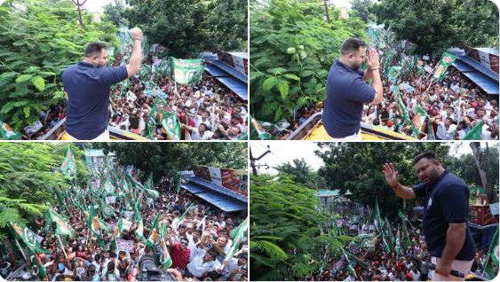 Tejashwi Yadav addressing crowd from bus roof in Saharsa Bihar Adhikar Yatra rally with huge crowd Tejashwi Yadav attacks Nitish Kumar in Bihar Yatra Bihar politics youth CM demand by Tejashwi Yadav