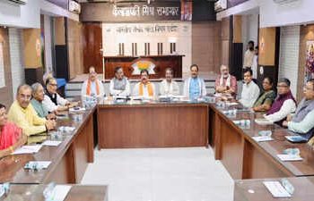 Bihar BJP meeting Patna photo, Dilip Jaiswal BJP Bihar image, Dharmendra Pradhan Bihar meeting, Bihar BJP 110 seat list chart