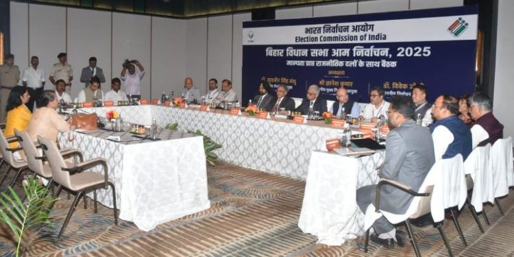 Election Commission meeting Bihar 2025 JDU BJP leaders after election commission meeting Sanjay Jha and Umesh Singh Kushwaha statement Bihar election Dilip Jaiswal BJP Bihar press conference Bihar Election 2025 political meeting visuals