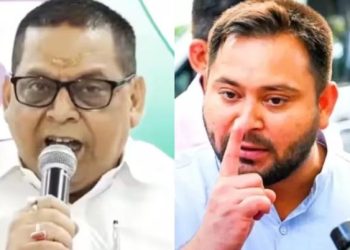 Tejashwi Yadav Har Ghar Naukri news image, Neeraj Kumar JDU press conference photo, Bihar Election 2025 political debate image, RJD vs JDU Bihar employment promise