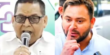 Tejashwi Yadav Har Ghar Naukri news image, Neeraj Kumar JDU press conference photo, Bihar Election 2025 political debate image, RJD vs JDU Bihar employment promise