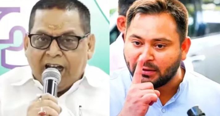 Tejashwi Yadav Har Ghar Naukri news image, Neeraj Kumar JDU press conference photo, Bihar Election 2025 political debate image, RJD vs JDU Bihar employment promise