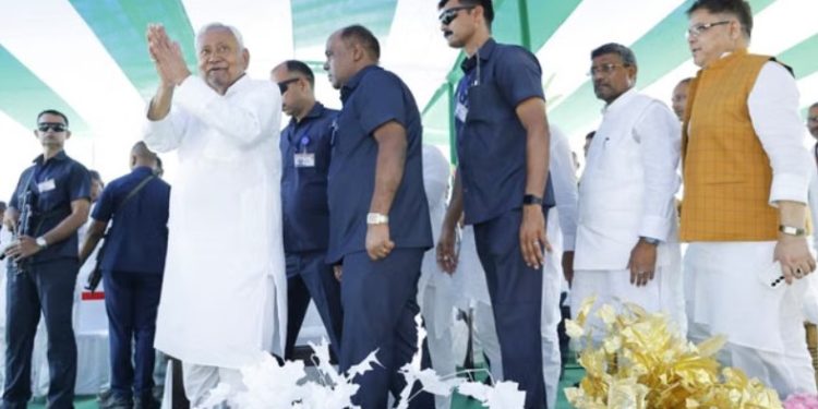 Nitish Kumar Rajgir vikas yojana inauguration, Bihar 1242 crore projects launch, Nitish Kumar pension hike Bihar, Jeevika didi with Nitish Kumar, Bihar CM Rajgir program 2025