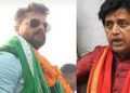 Khesari Lal Yadav addressing media on development vs religion debate Ravi Kishan public statement reaction Bihar politics 2025 Crowd at political rally discussing temples and jobs in Bihar Celebrity politicians in Bihar election campaign 2025