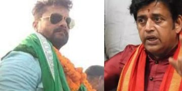Khesari Lal Yadav addressing media on development vs religion debate Ravi Kishan public statement reaction Bihar politics 2025 Crowd at political rally discussing temples and jobs in Bihar Celebrity politicians in Bihar election campaign 2025