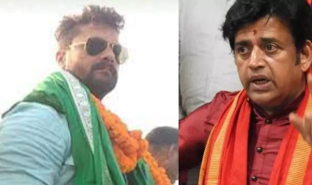 Khesari Lal Yadav addressing media on development vs religion debate Ravi Kishan public statement reaction Bihar politics 2025 Crowd at political rally discussing temples and jobs in Bihar Celebrity politicians in Bihar election campaign 2025