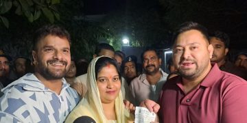 Khesari Lal Yadav joins RJD with wife, Bhojpuri actor Khesari Yadav with Tejashwi Yadav, RJD membership event Patna