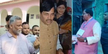 Bihar election 2025 voting, Pappu Yadav casting vote, Shahnavaz Hussain voting with wife, KrishnaNandan Paswan voting booth, Bihar voters queue