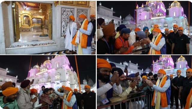 PM Modi at Takht Shri Harimandir Patna Sahib Prime Minister Narendra Modi offering prayers at Darbar Sahib Modi receiving siropa and blessings at Patna Sahib Gurdwara Sangat welcoming PM Modi at Takht Shri Harimandir