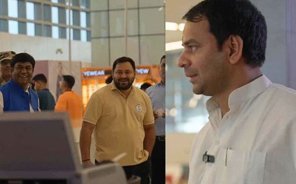 Tejpratap Yadav Tejashwi Yadav Patna Airport Silent Meet Lalu Yadav sons Bihar Election 2025 Tejashwi Yadav smiling at airport Tejpratap Yadav FabIndia store Bihar election Silent political moment Lalu family Patna Airport