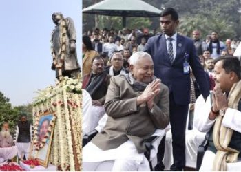 Nitish Kumar paying floral tribute to Naveen Kishore Sinha statue, Naveen Kishore Sinha Punyatithi Patna, Bihar CM tribute BJP leader, Naveen Sinha Smriti Park Patna