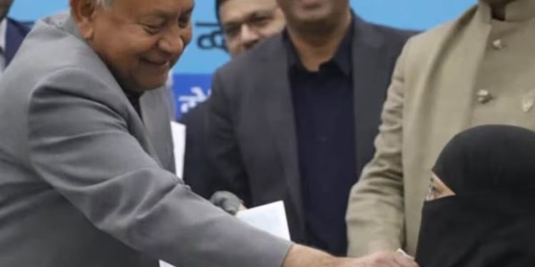 Nitish Kumar hijab video viral, SP leader Sumaiya Rana complaint, Sanjay Nishad controversial statement, Bihar CM hijab controversy image