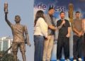 Lionel Messi Kolkata airport arrival, Messi 70 feet statue virtual unveiling, Messi Shah Rukh Khan meeting India, GOAT India tour UNICEF, Messi Suarez De Paul India visit