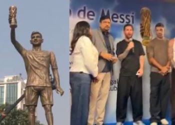 Lionel Messi Kolkata airport arrival, Messi 70 feet statue virtual unveiling, Messi Shah Rukh Khan meeting India, GOAT India tour UNICEF, Messi Suarez De Paul India visit