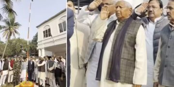 Lalu Yadav hoisting tricolour at Rabri Awas RJD office Republic Day celebration Tejashwi Yadav Republic Day message RJD leaders flag hoisting Patna