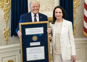 Donald Trump with Nobel Peace Prize medal, Maria Corina Machado Nobel 2025 image, Trump Truth Social post screenshot, Venezuela opposition leader Machado photo