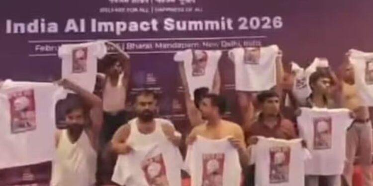 AI summit protest Youth Congress, PM Modi slogan protest news, Delhi Police arrest at AI event, shirtless protest India