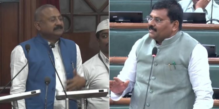 Bihar Vidhan Sabha debate photo, Umesh Kushwaha speaking assembly, Ashok Choudhary minister response, Bihar rural road project discussion, Gram Sampark Yojana assembly discussion image