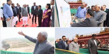 Nitish Kumar bridge inspection, Kacchi Dargah Bidupur Ganga bridge construction site, Bihar CM inspection infrastructure project, 6 lane Ganga bridge aerial view, Bihar road connectivity project image