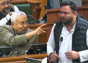 Nitish Kumar speaking in Bihar Assembly, Tejashwi Yadav opposition speech assembly, Bihar Vidhan Sabha debate scene, Bihar political clash inside assembly, Nitish Kumar aggressive reaction assembly debate