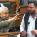 Nitish Kumar speaking in Bihar Assembly, Tejashwi Yadav opposition speech assembly, Bihar Vidhan Sabha debate scene, Bihar political clash inside assembly, Nitish Kumar aggressive reaction assembly debate